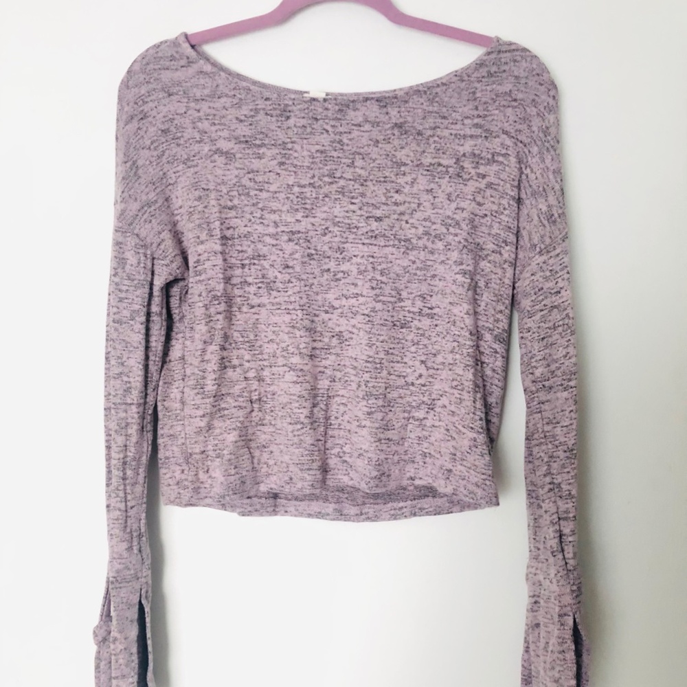 Women Small Long Sleeve Knit Crop Top Shirt Bell Flare Sleeve Light Purple Mauve